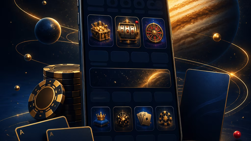 Interface mobile sombre pour jeux et bonus Jupi Casino